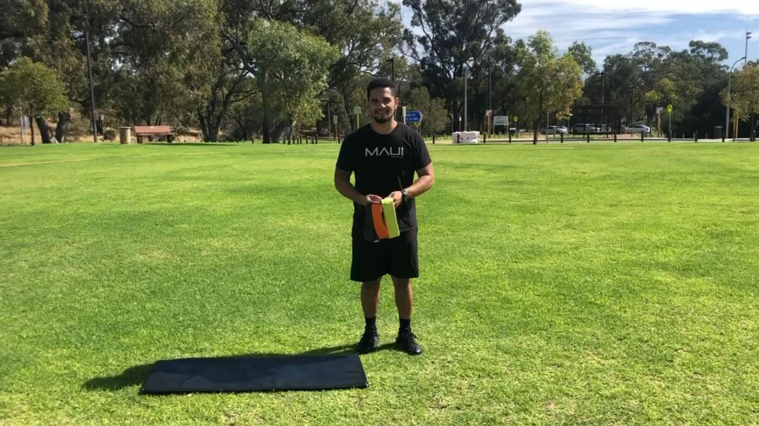 HBF Stadium Gym Instructor ready to provide instruction for a home workout